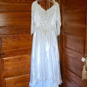 VINTAGE VICTORIAN WEDDING GOWN NWOT satin lace beading handmade size not marked